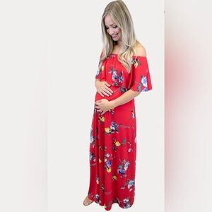 Red Floral Off the Shoulder Maxi Maternity Dress